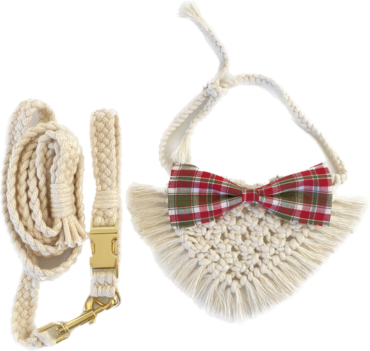 Classic Holiday Macrame Collar Set - Plaid Bow Edition